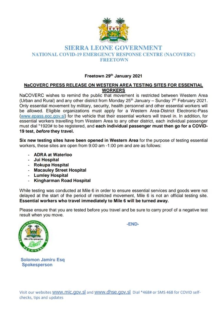 NaCOVERC PRESS RELEASE ON WESTERN AREA TESTING SITES FOR ESSENTIAL WORKERS.