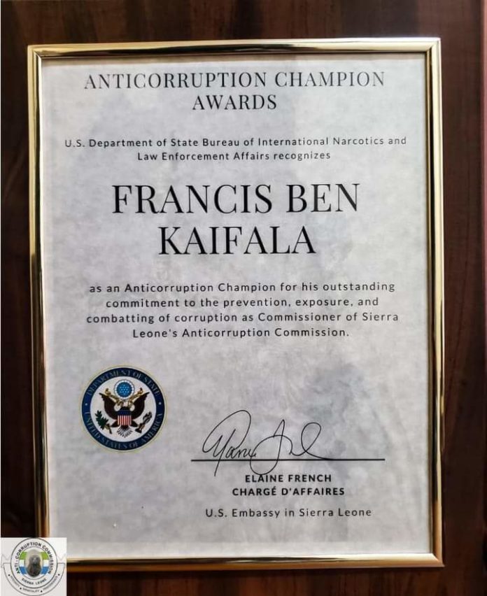 THE UNITED STATES GOVERNMENT RECOGNISES FRANCIS BEN KAIFALA AS “INTERNATIONAL ANTI-CORRUPTION CHAMPION 2020